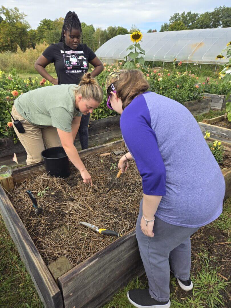 Young adult working alongside a mentor in a farm garden